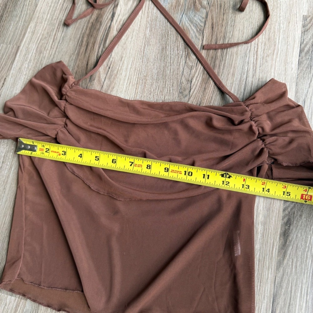 Brown Sheer Mesh Ruched Off Shoulder Long Sleeve Crop Top Halter Tie - Picture 6 of 7